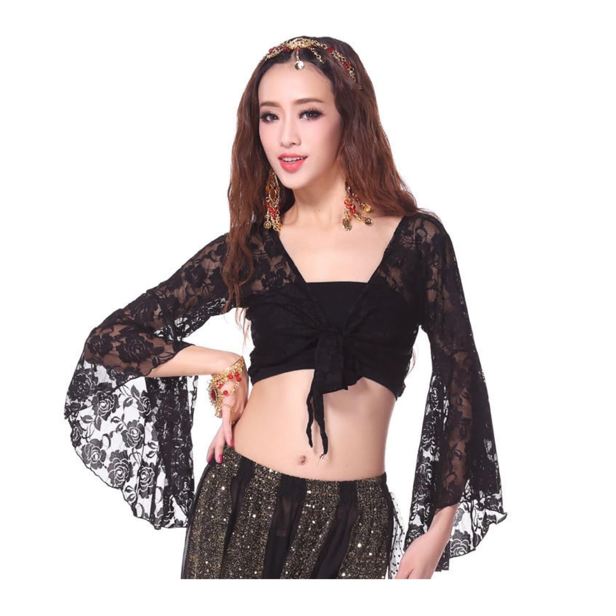 Haut court de danse du ventre pour femme, haut enveloppant manches évasées 3/4, haut court avec châle floral bandage avec nœud pour vêtements de danse, haut court en dentelle papillon danse du ventre