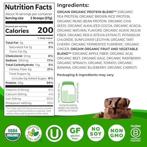 Orgain 0851770007603 Organic 30G Vegan Protein Powder, Chocolate 9G Eaas + Bcaas, Plant Protein thumb #1