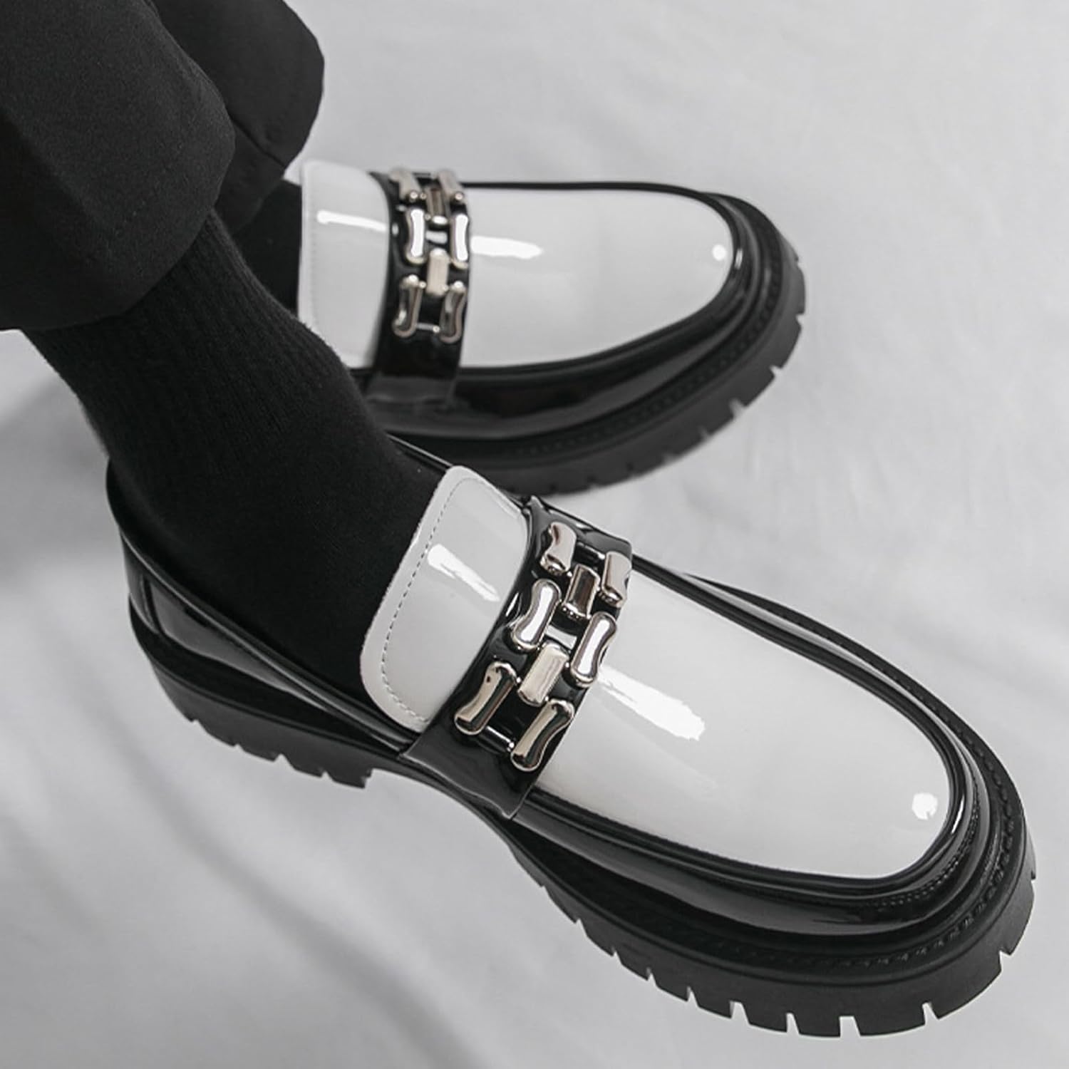 Men's Fashion Black and White Platform Penny Loafers Luxury Round Toe Slip on Lug Sole Business Office Dress Shoes Daily Breathable Non-Slip Casual Shoes - Image 8