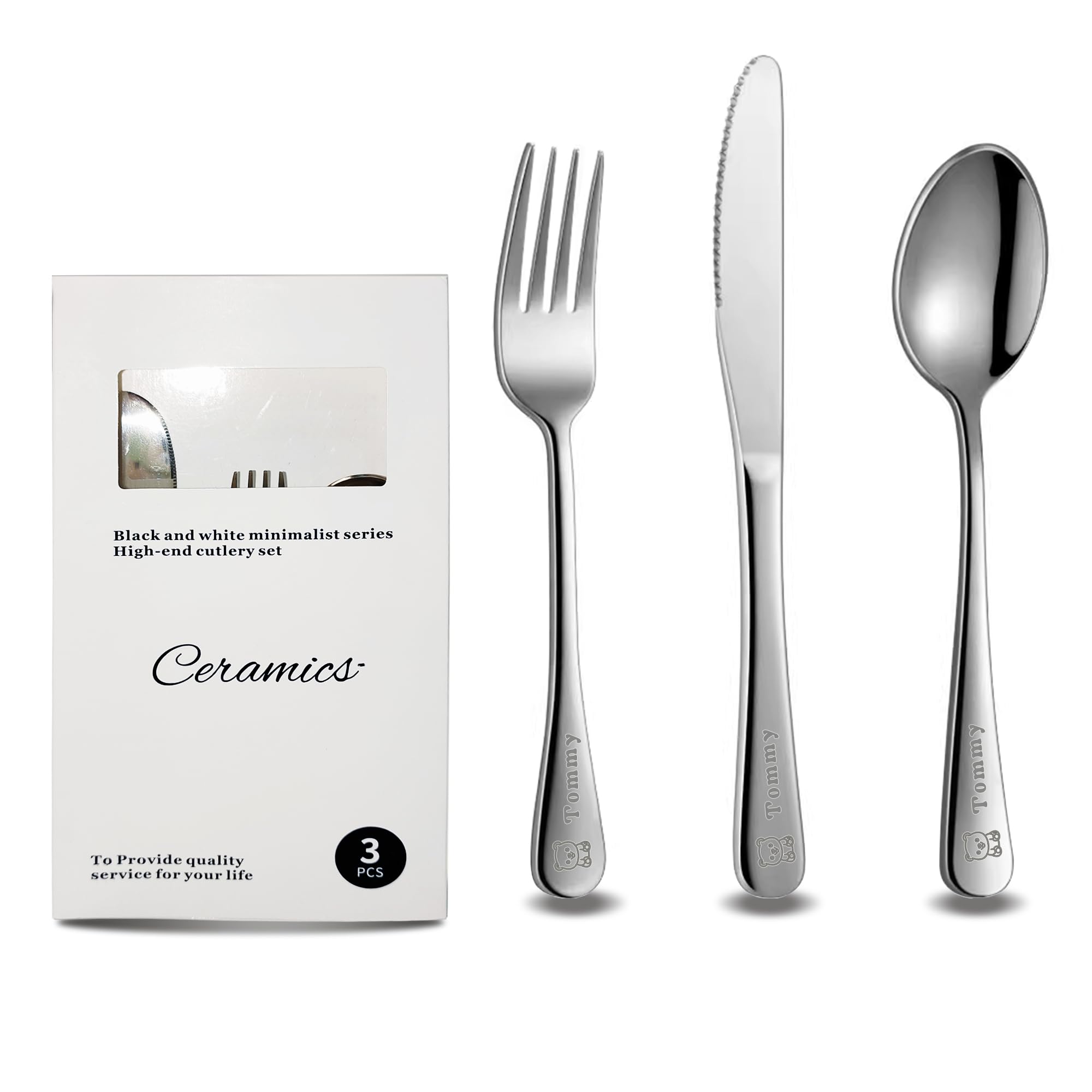 Mocessory Personalised Engraved Children's Cutlery Set Christening Birthday Kids Gift Idea (Set for 3)