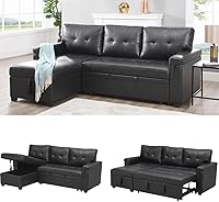 Naomi Home Laura L-Shaped Sectional Sofa with Storage & Pull-Out Bed - 3-in-1 Convertible Sleeper Couch for Small Spaces, Black Air Leather
