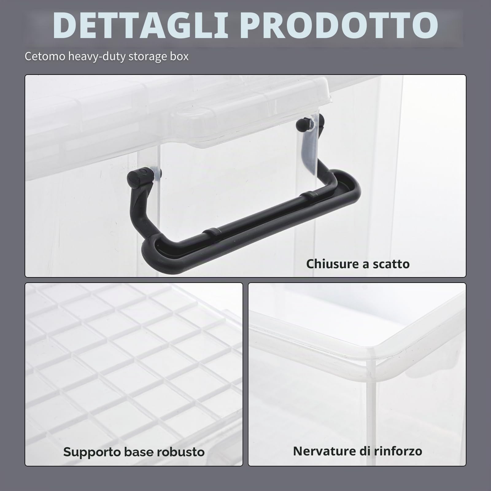 Cetomo 50L*3 Scatole di Stoccaggio, Bidone di Stoccaggio Impilabile con Coperchi, Contenitore Robusto con Angoli Rinforzati, Lati Verticali, di Plastica, Durevoli, PP, Trasparenti, 50L-3 Unità