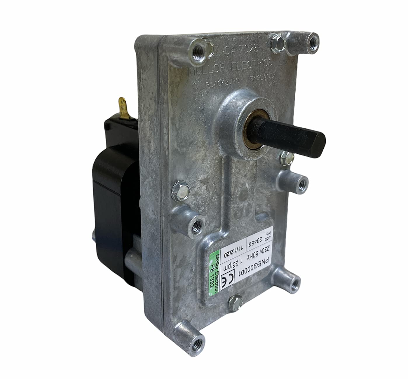 eRicambi, Motoriduttore FB1392 per Stufe a Pellet serie T3, Velocità 1,26rpm, Pacco Lamellare 25mm, Ø Albero 9,5mm, Senso di Rotazione Oraria, Spianatura Doppia