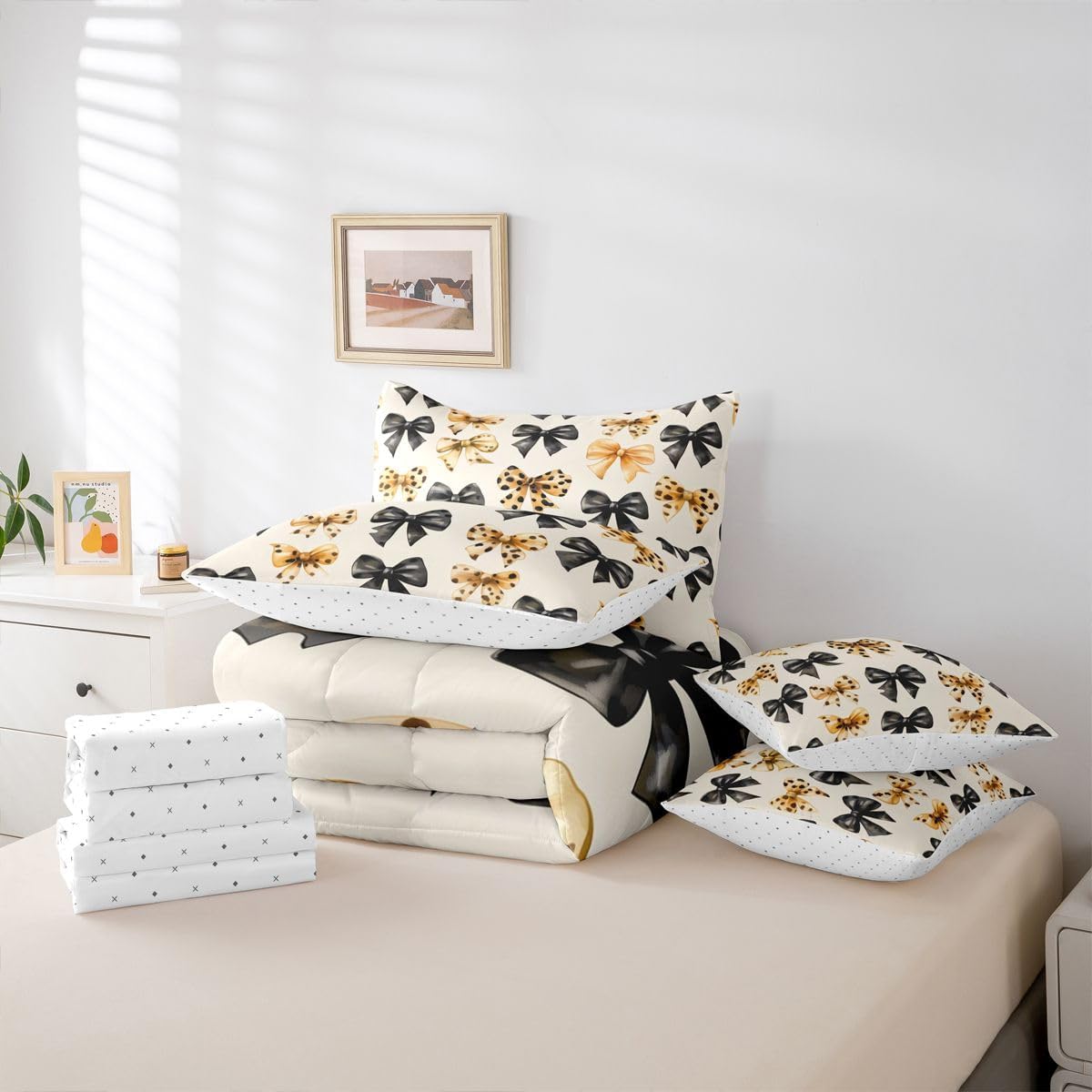 Erosebridal Leopard Print Queen Comforter Set for Girls 7 Pieces, Brwon Black Bowknot Bed in A Bag for Bedroom, Bow Tie Bedding Set with Comforters, Sheets, Pillowcases Coquette Bows Room Decor