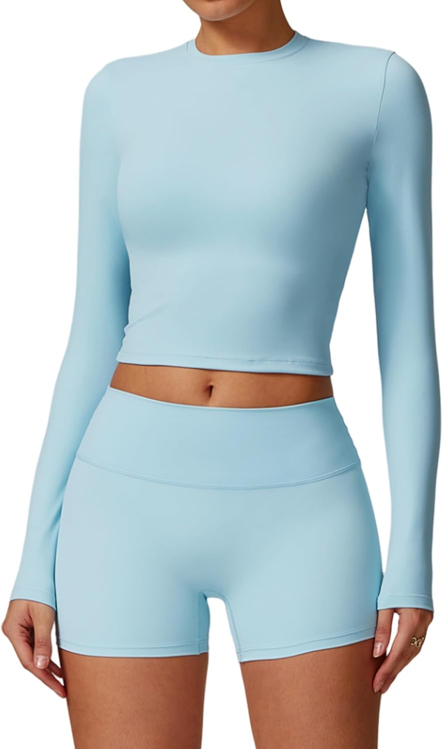 Womens Workout Sets Two Piece Long Sleeve Top Matching High Waist Shorts Sets Fall Winter Gym Work Out Clothes