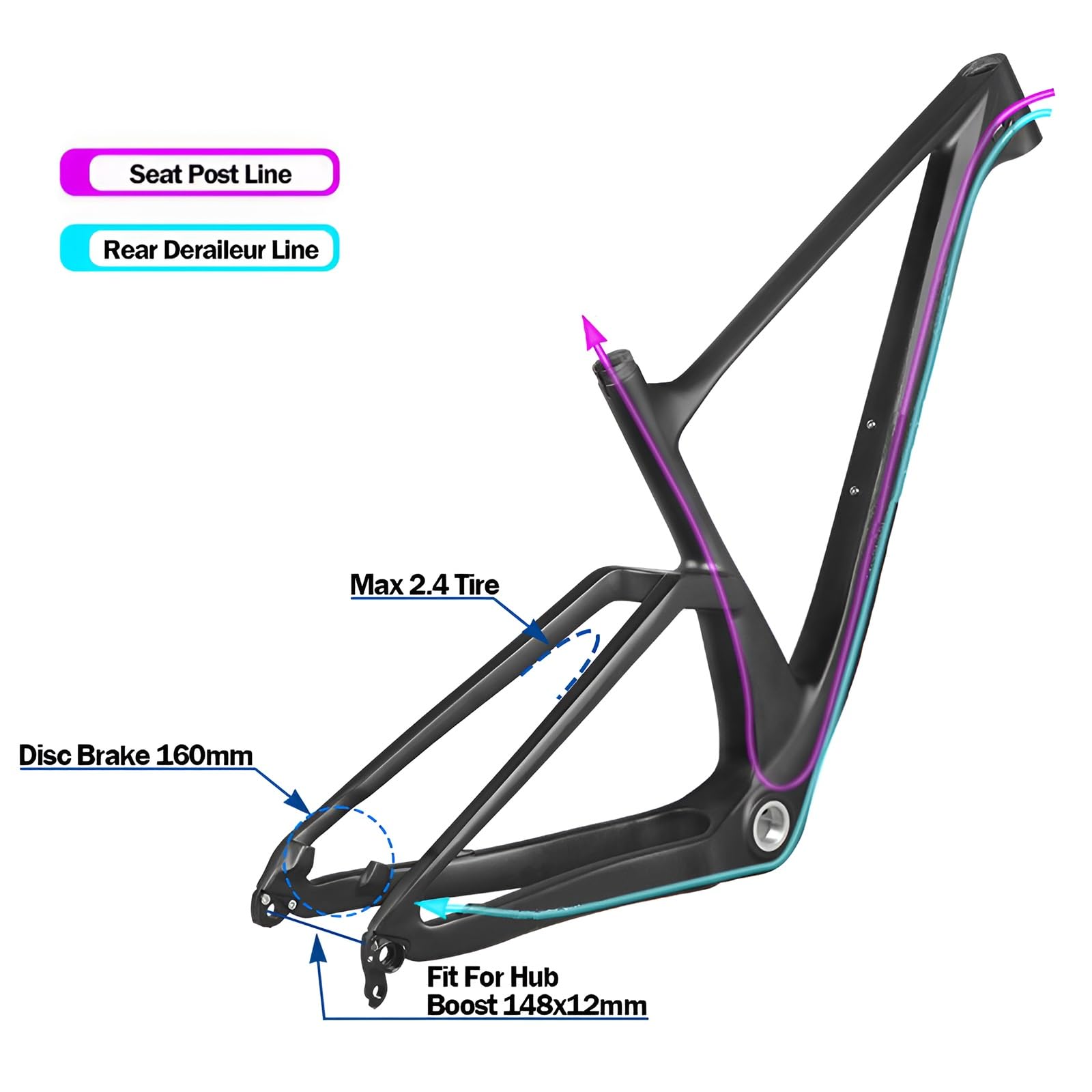 Rama do roweru górskiego, 29 szt., hardtail, 16,3/17,3/19,3/21,3 cala, oś wtykowa, 12 x 148 mm, hamulec tarczowy Boost XC, Cyclocross, włókno węglowe, wewnętrzna prowadnica kabla, maks. opony