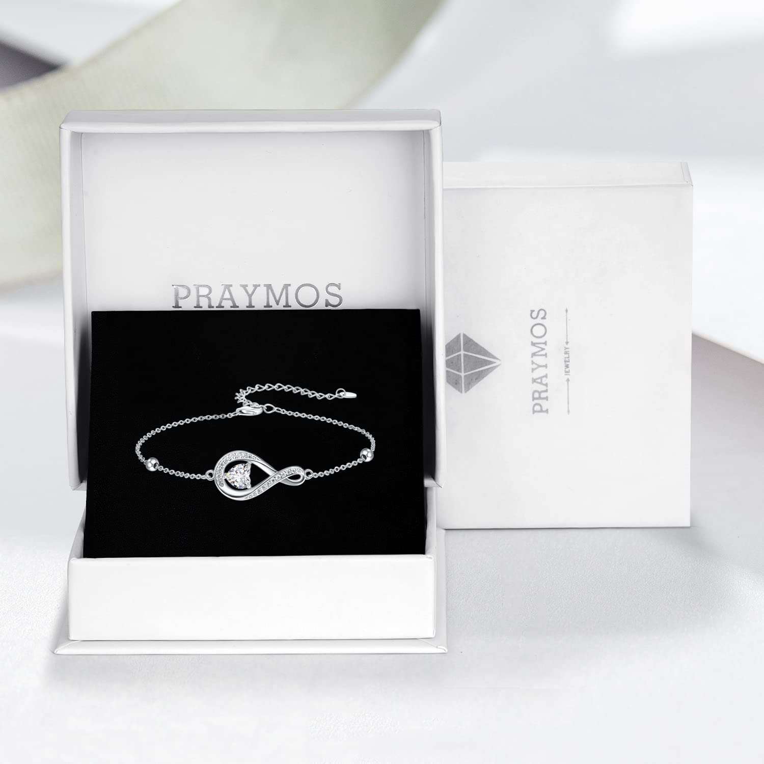 praymos Infinity Bracelets for Womens 925 Sterling Silver Heart Cubic Birthstone Charm Bracelet Adjustable Chain Jewellery Gifts for Her Women Wife Mum