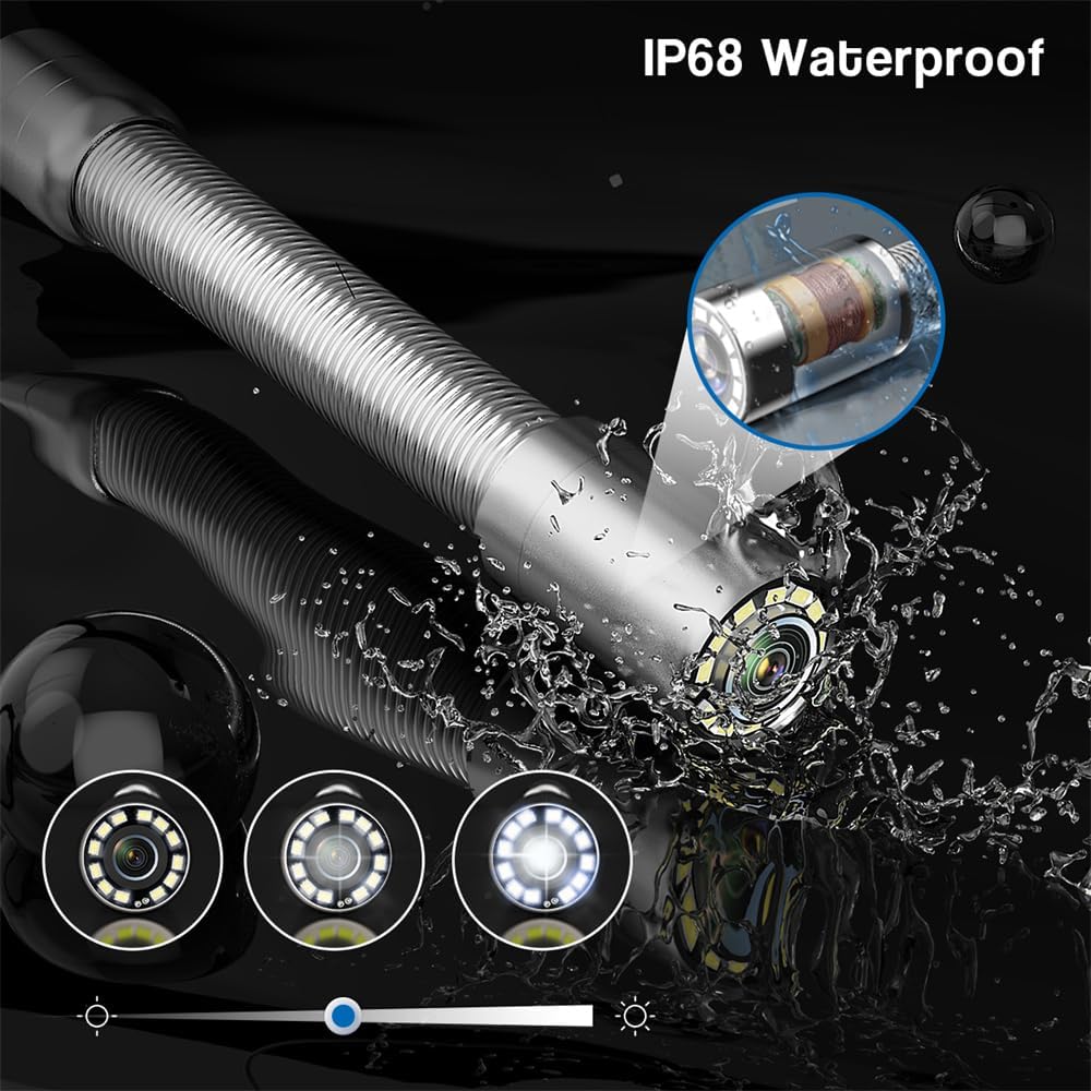 Close-up of the IP68 waterproof camera head submerged in water, demonstrating its water resistance and adjustable LED illumination levels.