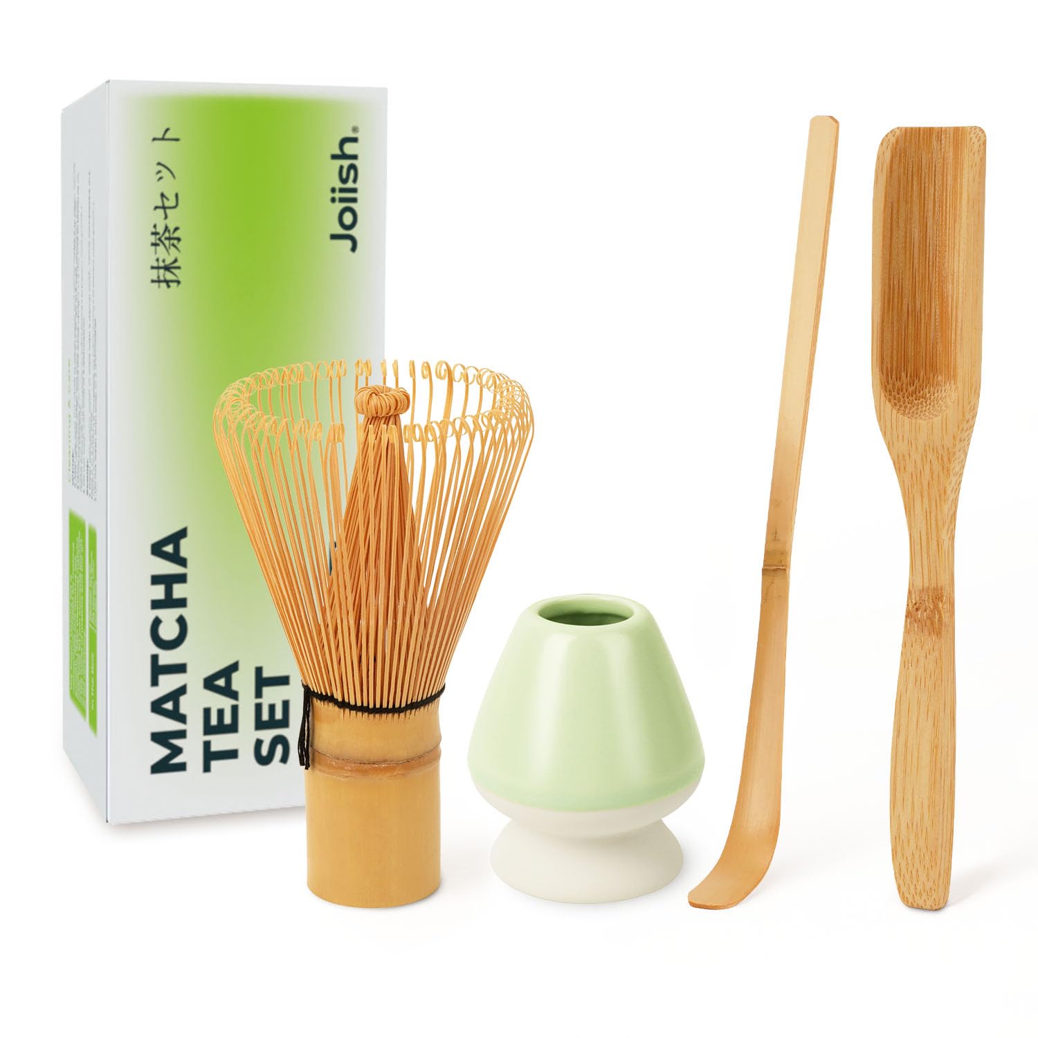 Joiish Matcha Whisk and Holder Set, Bamboo Brush, Scoop, Tea Spoon and Ceramic Whisk Stand, Traditional Green Tea Making Kits