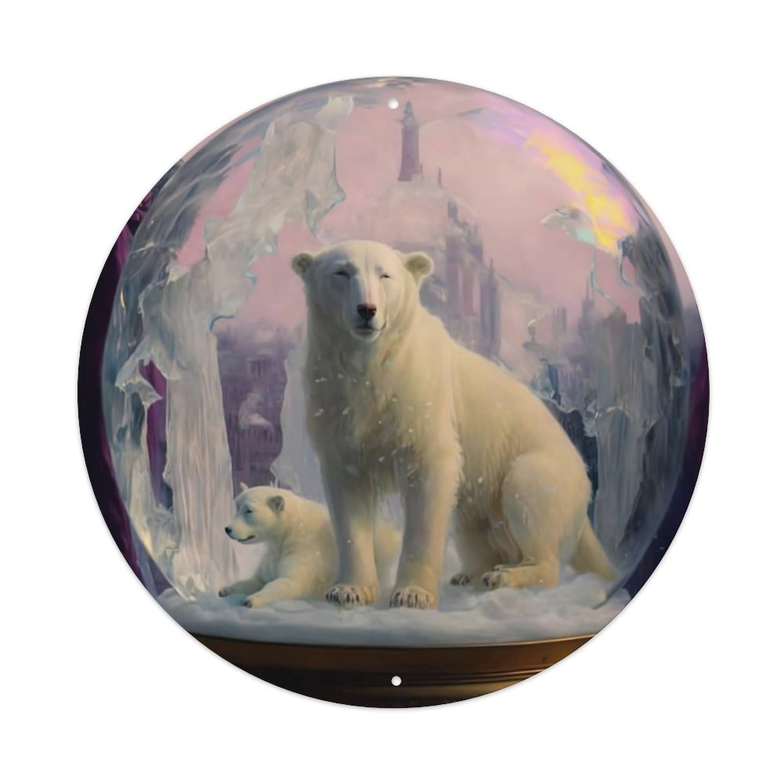Animal Artwork Two Polar Bears in The Crystal Ball Vintage Metal Tin Sign Plaque Wall Decor for Cafe, Club Bar, Office, Garden Metal Poster 8x8Inch