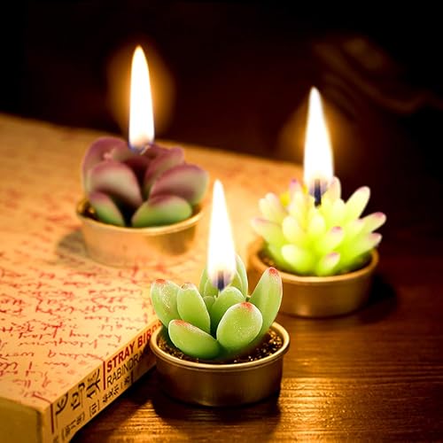 Miniatura 5 de Glarks - Paquete de 12 velas artificiales de suculentas, hechas a mano, velas de cactus, velas de té para fiesta de cumpleaños, día de San Valentín,