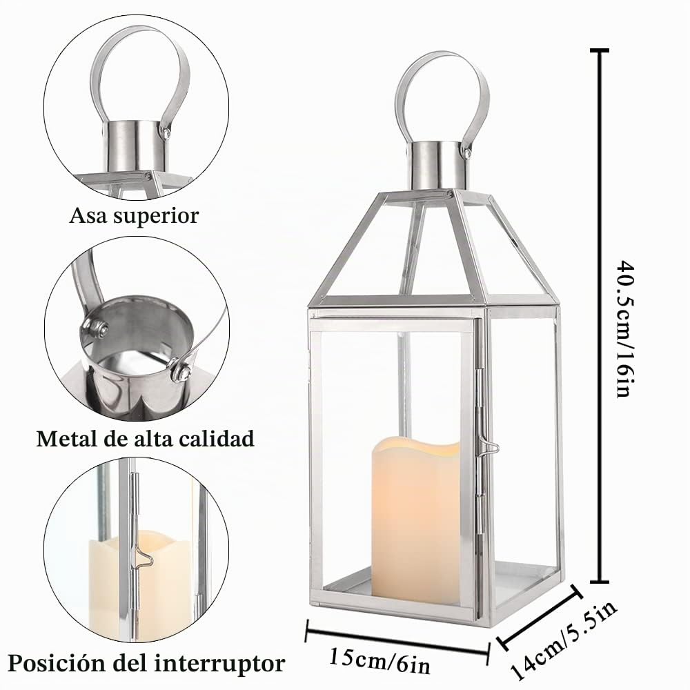 JHY Design - Farol de Vela de Acero Inoxidable, 34 cm de Alto, Linterna de Cristal, candelabros, Accesorios de balcón para Velas de Interior o Exterior, para Bodas (Plata)