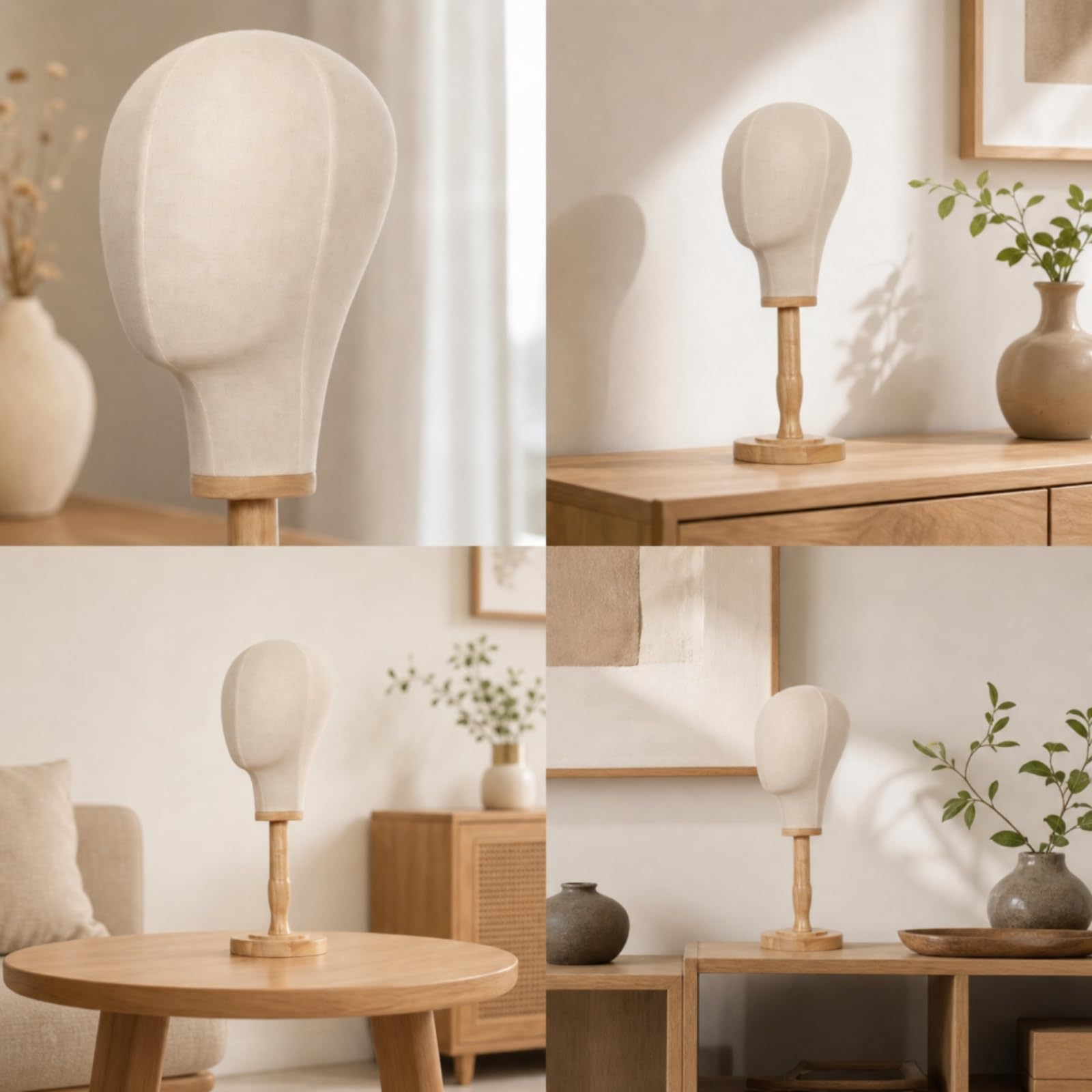 Hutständer Mannequinkopf Displaykopf Kopfform Halterung aus Leinen mit Holzfuß Natürliche Textur Und Professionelle , Kopfumfang 56 cm, Gesamthöhe 40 cm , Style to 2