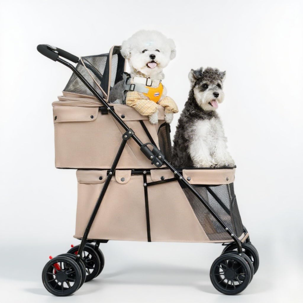 Dog Stroller 2-Layers, Foldable Pet Buggy for Small Medium Dogs, Cats Dogs Pushchair with Safety Belt Breathable Mesh 4 Wheels, Pet Pram Travel Strollers for Cats Puppies (Brown)