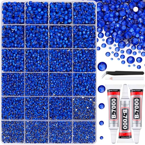 32000Pcs Resin Rhinestones with Tweezers for Crafting Royal Blue Flatback Gems Bedazzling Crystal with 3Pcs 10ml B7000 Jewelry Glue for DIY Crafts Clothing Tumblers Shoes Fabric Nail Art