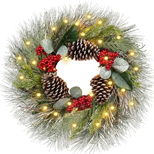Christmas Wreath 20" Christmas Front Door Wreath Ornament with LED Lights Pinecone Berries Artificial Pine Garland for Party Table Fireplaces Porch Walls New Years Halloween Home Décor