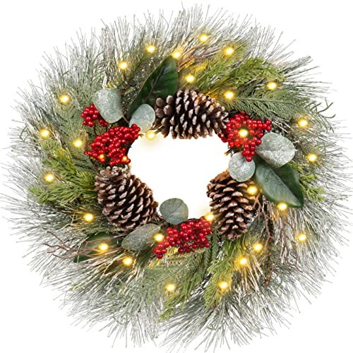 Christmas Wreath 20" Christmas Front Door Wreath Ornament With Led Lights Pinecone Berries Artificial Pine Garland For Party Table Fireplaces Porch Walls New Years Halloween Home Décor #TOP6