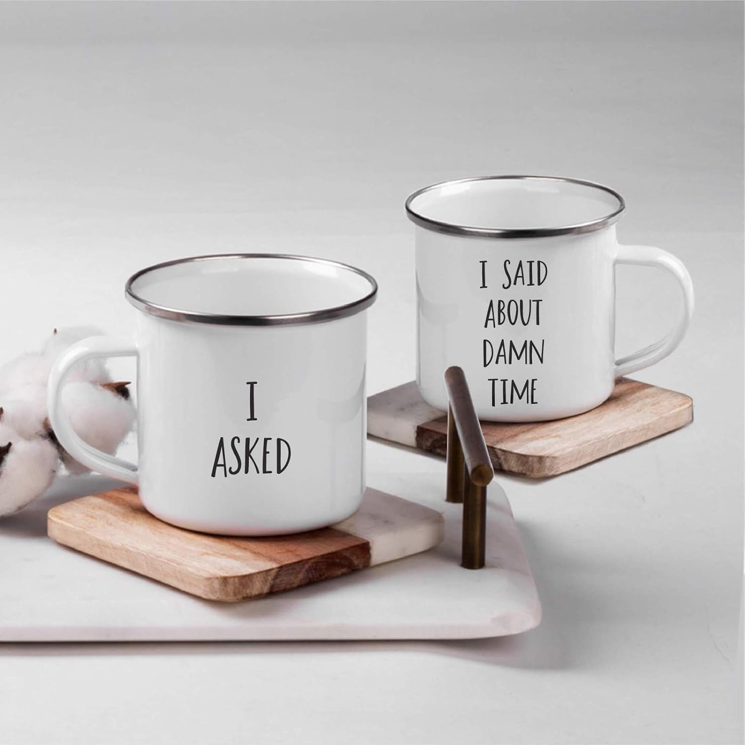 Andaz Press Wedding Engagement Stainless Steel Campfire Coffee Mugs Gift Set, I Asked, I Said About Damn Time!, 2-Pack, Metal Enamel Campfire Camp Cup Photo Shoot Props, includes gift box
