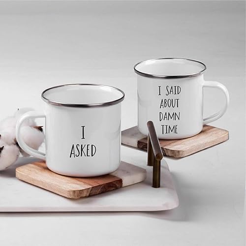 Miniatura 2 de Andaz Press Juego de 2 tazas de café de acero inoxidable para compromiso de boda, I Asked, I Said About Damn Time!, paquete de 2, accesorios para