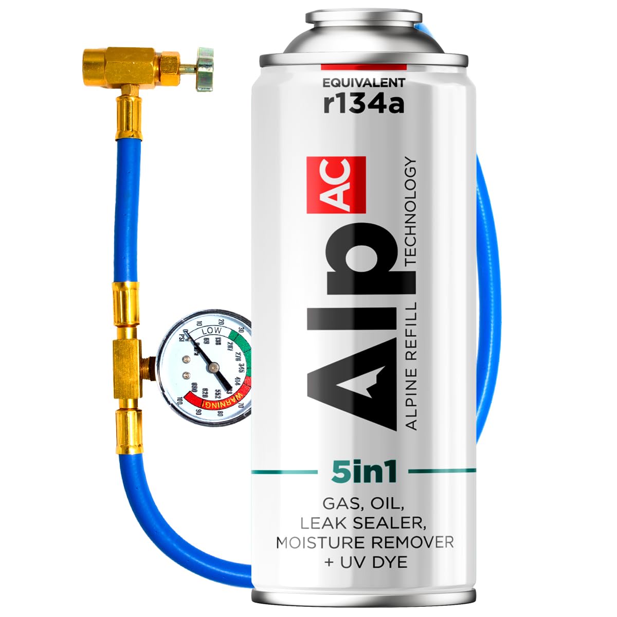 AlpAC 5in1 Kit Ricarica Aria Condizionata R134a (1x Bomboletta + Tubo) – Gas Sostitutivo incl. sigillante, olio, UV e deumidificatore – Auto fino al 2016