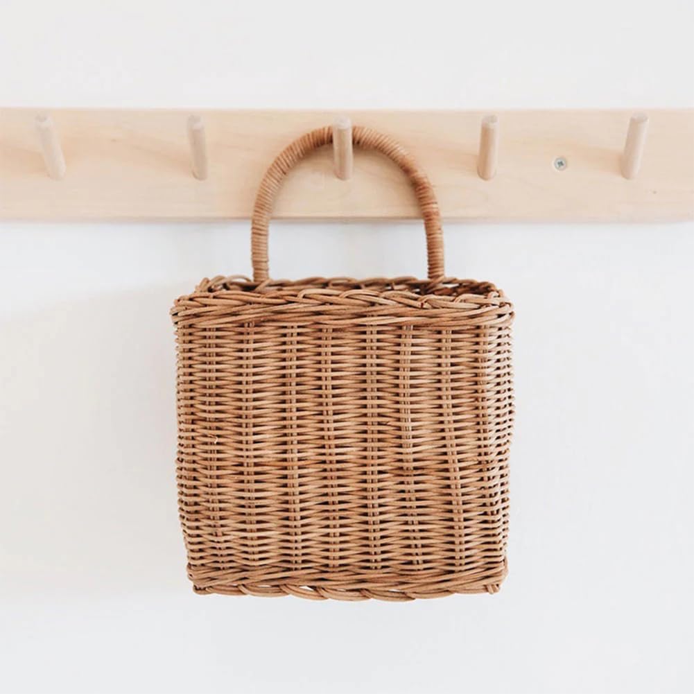 Handwoven Wicker Hanging Basket - Wall Storage Organiser for Kitchen Garlic Onion Fruit, Retro Woven Door Organiser for Cupboard Front Door, Small Hanging Basket Wall Decor Outdoor Garden Home Decor