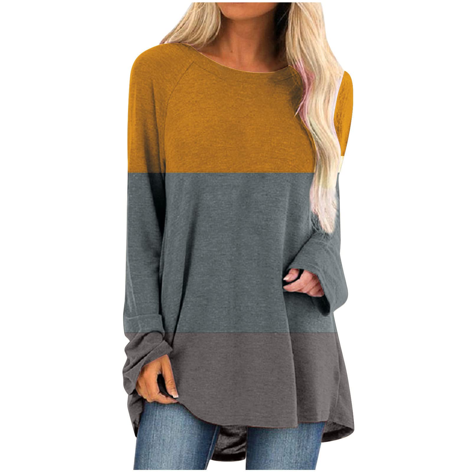 TURWXGSO Ladies Shirts Promotion New Crew Neck Tops Long Sleeve Printed Longline Tops Realxed Fit T-Shirts Fashion Casual Color Block Pullover Sweatshirts Undershirts Loungewear Christmas Jumper