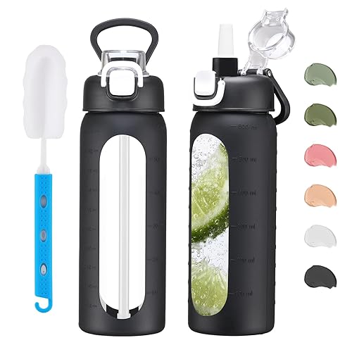 Botella de agua de vidrio de 20 onzas con popote, botella de agua reutilizable con funda de silicona antideslizante, boca ancha a prueba de fugas
