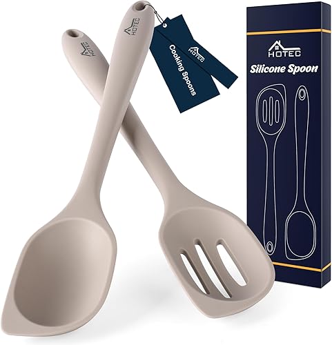 HOTEC Espátula de cuchara de cocina de silicona resistente al calor, cucharas grandes sólidas y ranuradas para mezclar, servir, raspar,