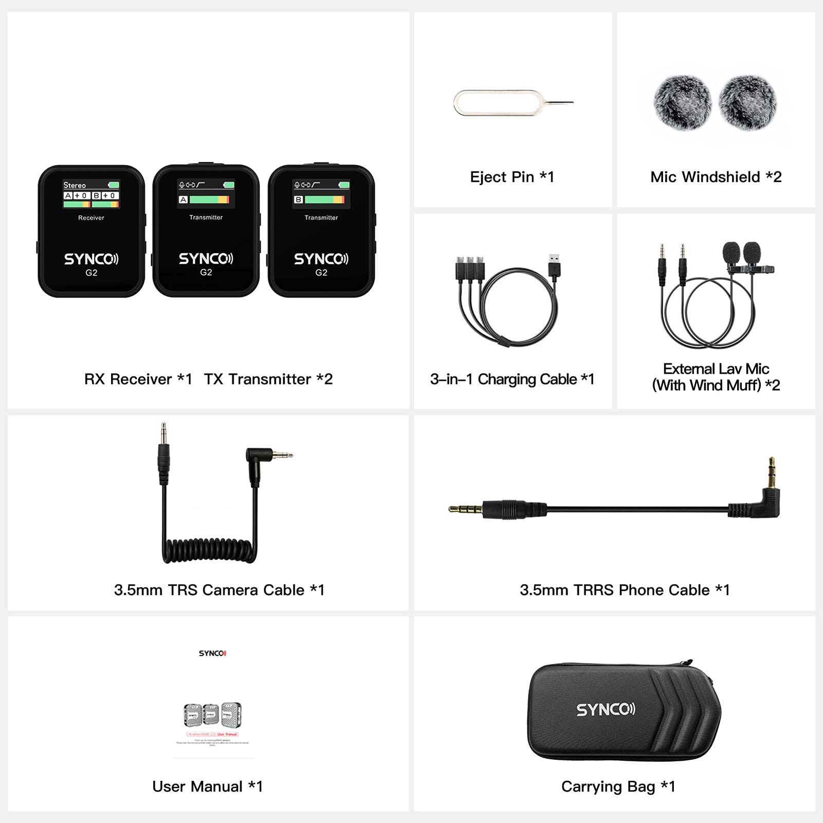 SYNCO G2 A2 1-Trigger-2 Microfonico Wireless 2.4G 150 m di Raggio di Trasmissione Schermo TFT Spina da 3,5 mm per Smartphone Fotocamera Videocamera Vlog Live Streaming Intervista