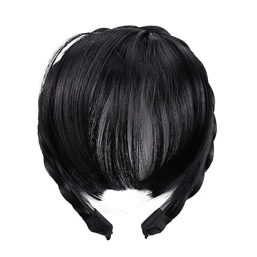 Miniatura 1 de Peluca de cabello frontal con flequillo, extensiones de cabello con flecos, trenzas para mujeres y niñas (negro natural)