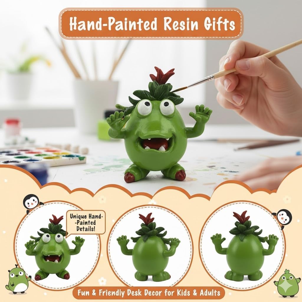 GoGnome Cute Green Monster Resin Figurine Indoor Outdoor Garden Statue Whimsical Funny Desk Decor - Little Alien Creature with Red Flower/Sprout, Unique (Green) image 2