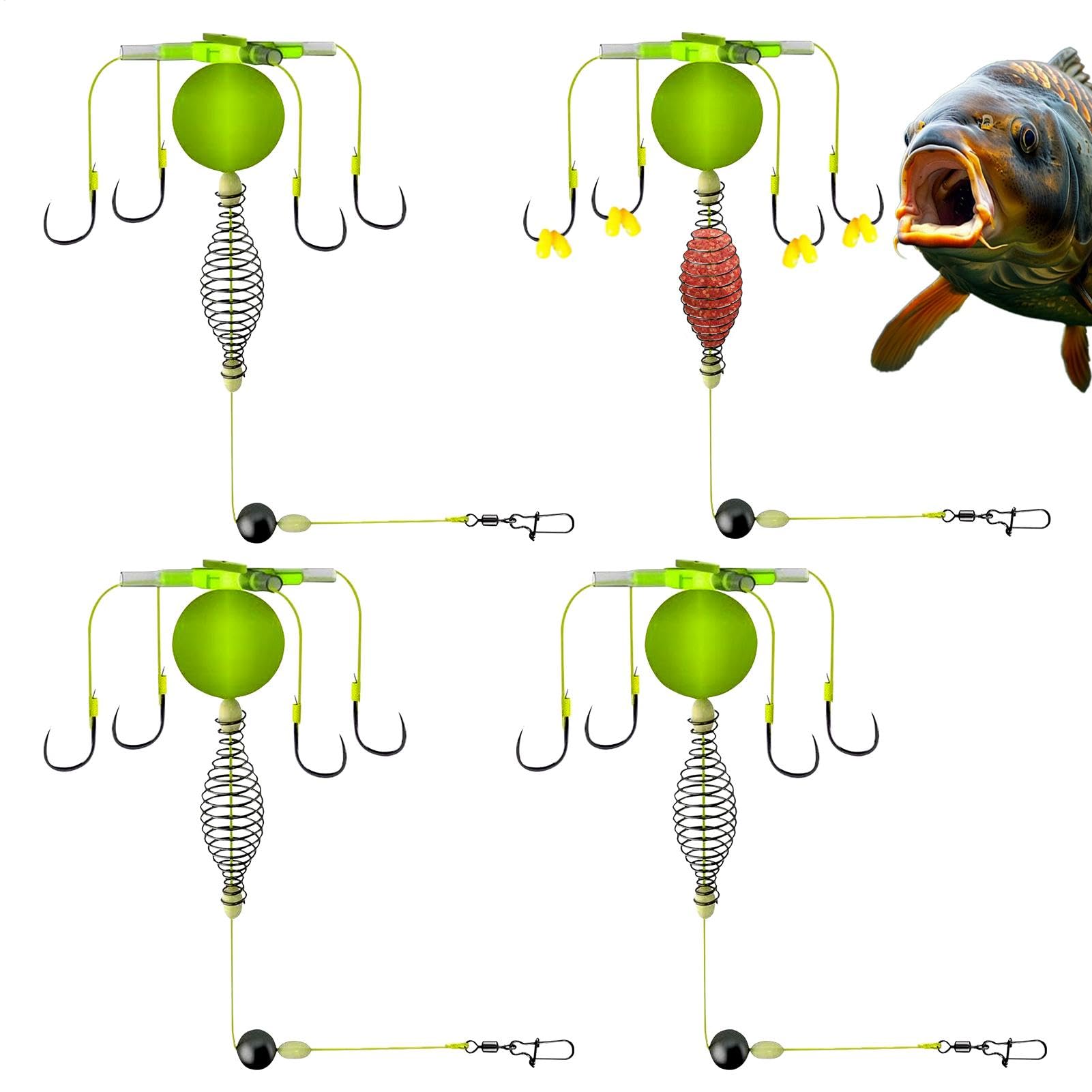 Montajes para Pesca De Carpa - Jaula De Cebo De Muelle 4X, Montajes Con Anzuelos Robustos | Montajes Antienredos para Carpa, Soporte De Cebo Para Siluros (Truchas, Bares, Pulpo), Pesca