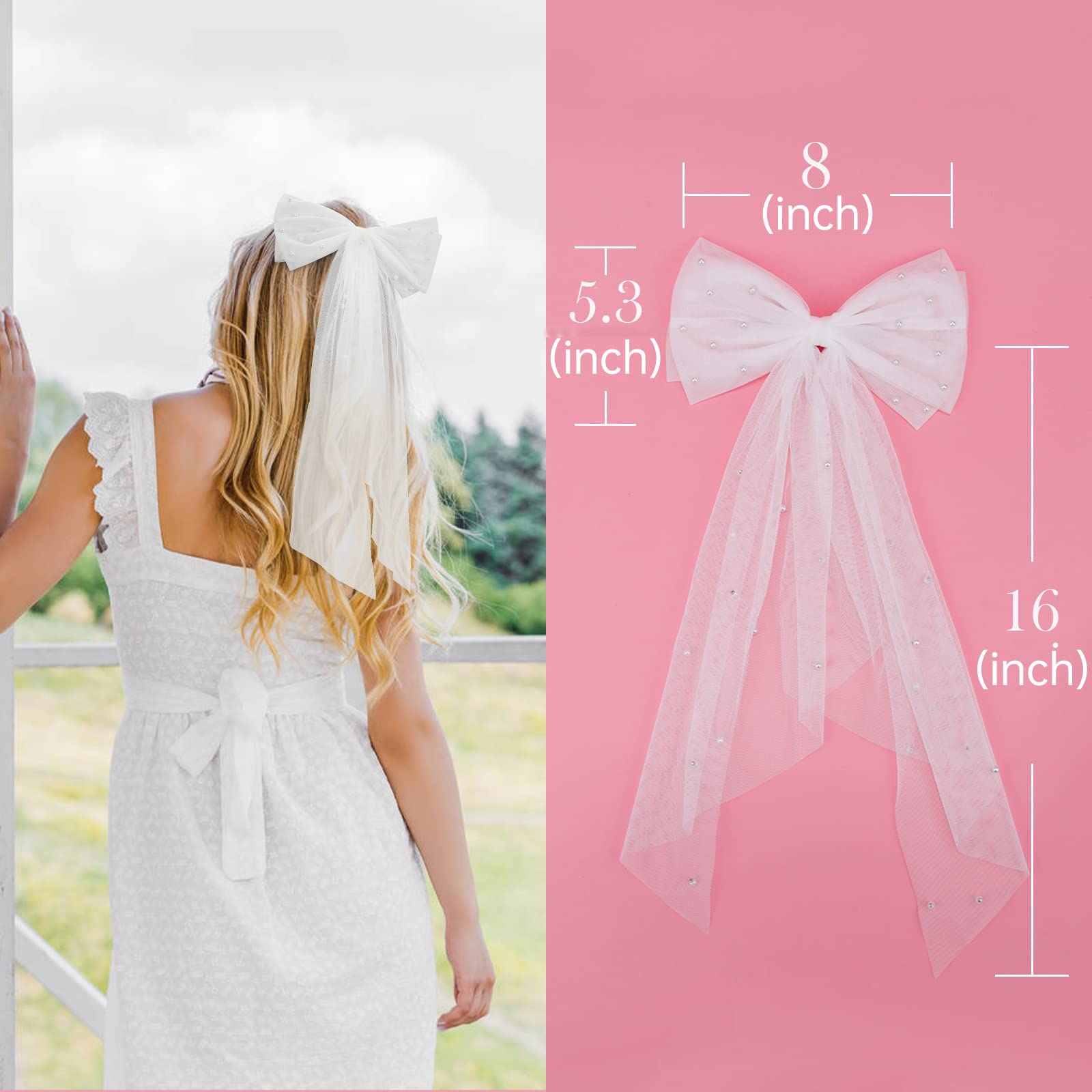 ? Women White Clip Bachelorette Party Decorations Pearl Bow Accessories Juinte Bridal Hair Bow Veil Bachelorette Party Pearl Clip  main image 4