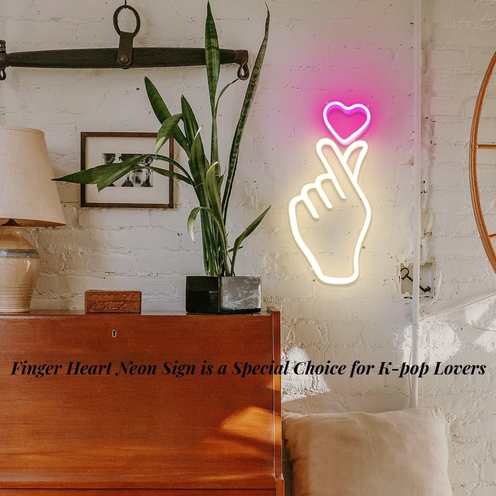 Finger Heart Neon Sign for Room Decor, 16.5x8 Inches Kpop & K-Drama Symbol Heart Gesture Neon Signs for Bedroom, Home Office, Dimmable LED Love Neon Light Gift for Anniversary, Girl…