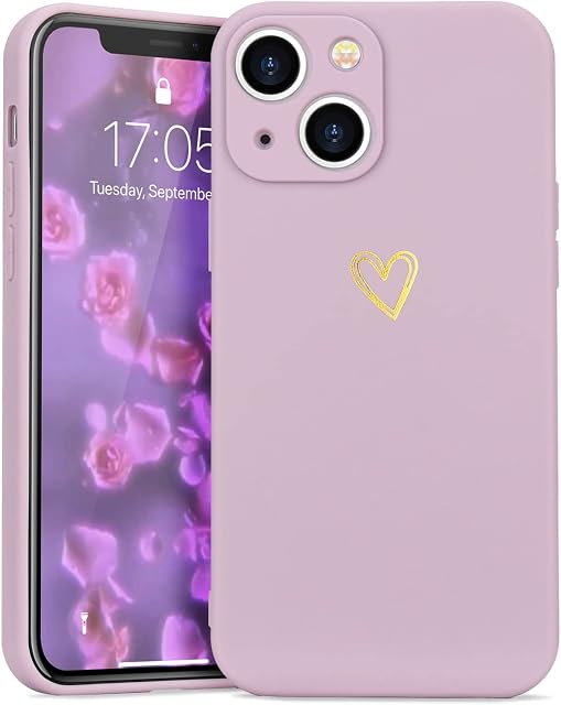 Wirvyuer Compatible with iPhone 13 Case Cute Gold Heart Pattern Protective Shockproof Soft Liquid Silicone Phone Case for Women Girls Slim TPU Bumper Purple Cover