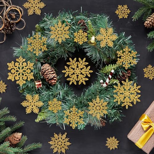 Image of 49pcs Christmas Party Decorations Snowflake Ornaments - Gold Glitter Snowflakes DIY Hanging Ornaments for Winter Christmas Tree Wall Ceiling Window Decor