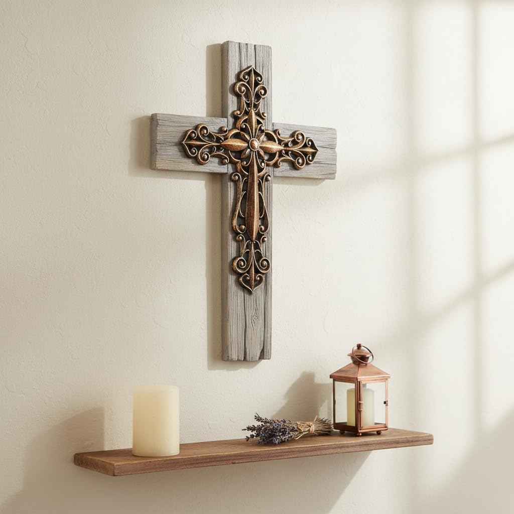 Comfy Hour 13" Decorative Layered Wall Cross, Antique Style Copper Tone Cross on Rustic Wood Look Base, Artisan Crafted Resin Plaque for Home and Office Wall Art