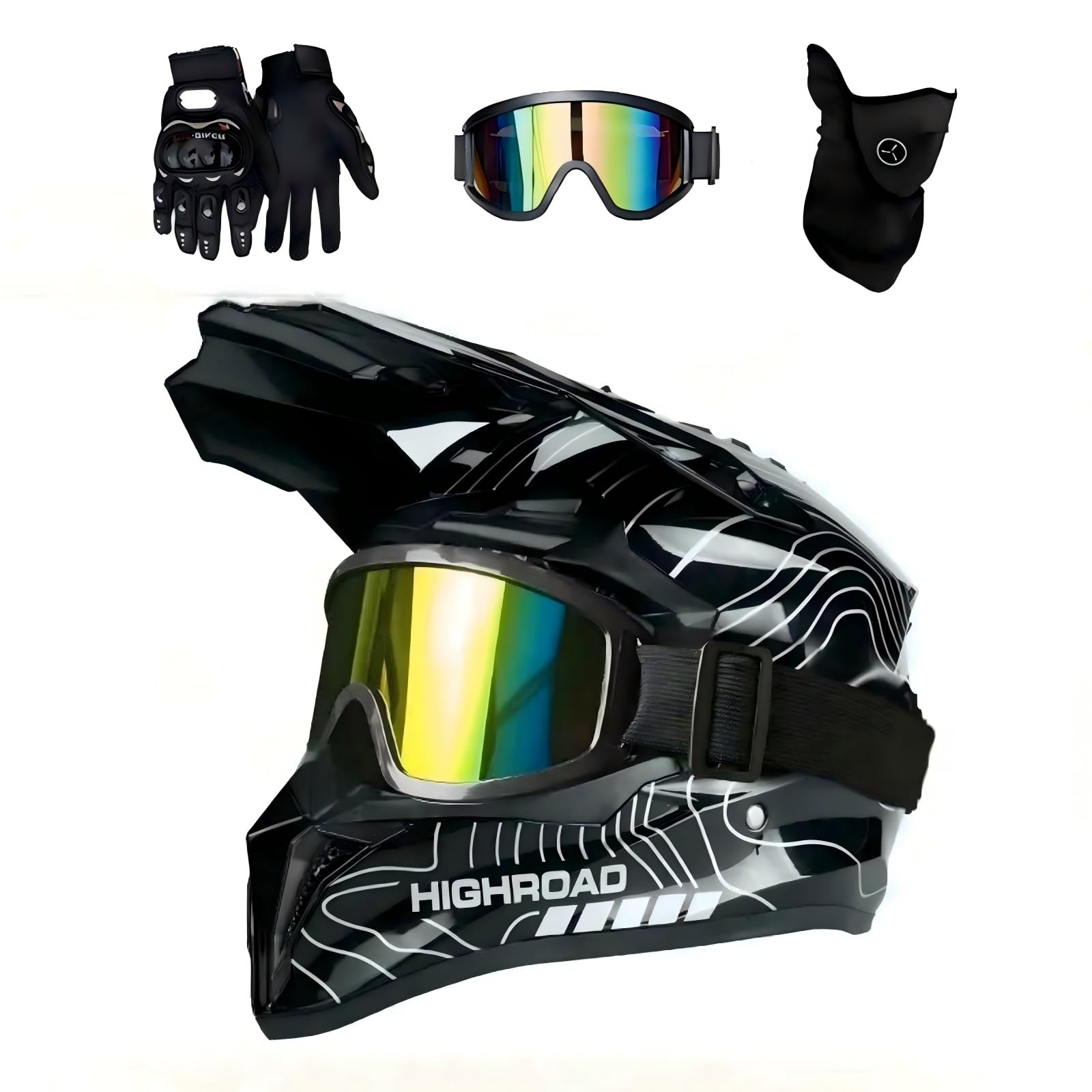 Motocross MTB Helm Fullface, Erwachsener Cross Helm mit Brille Maske Handschuhe, Motorrad Downhill Full Face Helm Downhill Motorradhelm ATV Motorradhelm Inklusive 2 Größen Helmfutter
