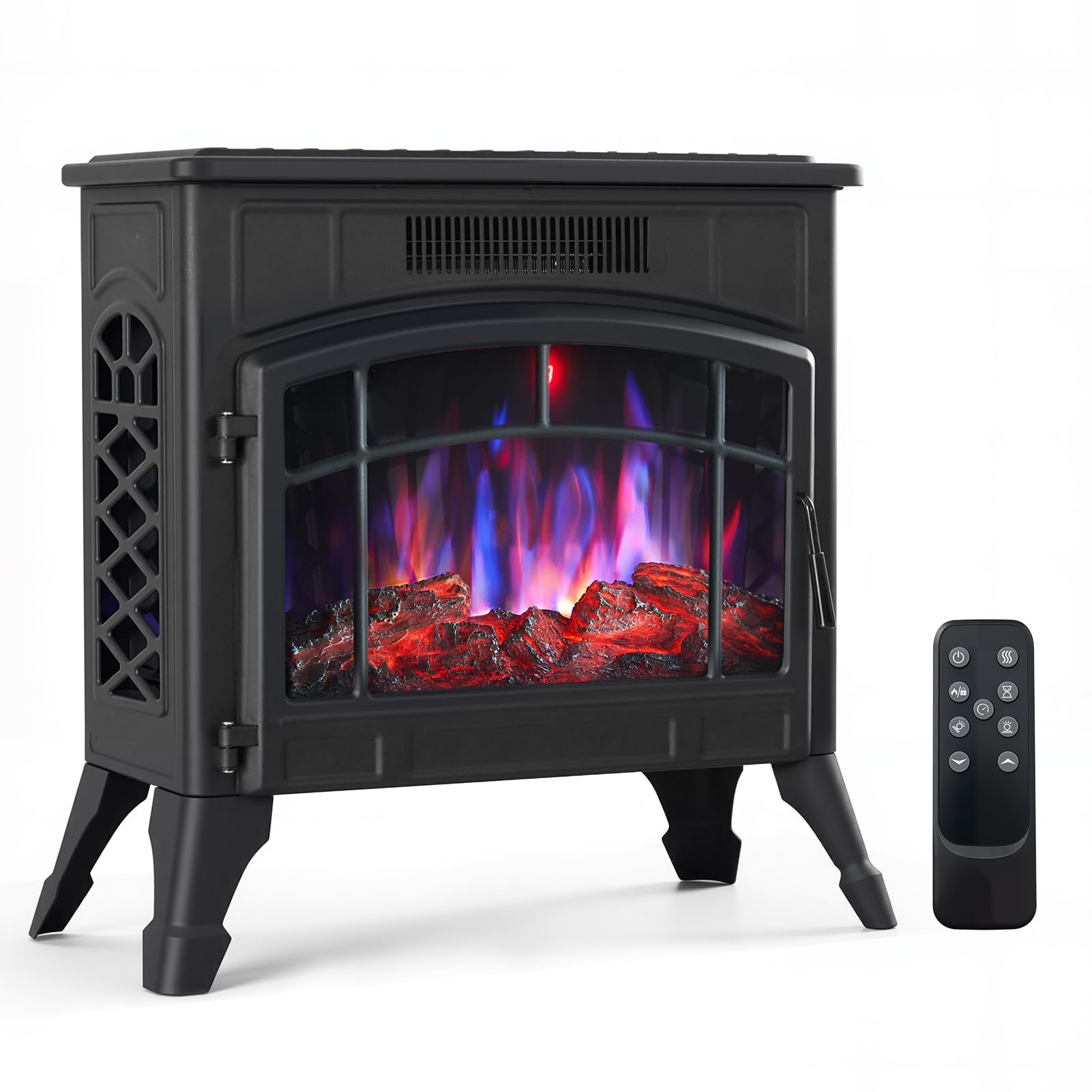 INMOZATA Electric Fire Stove 3D Glass Display Freestanding Electric Fireplace with 12 Flame Effect & 5 Flame Speed, 45° Tip Over & Overheat Protection, Child Lock Function, Remote & Touch Control
