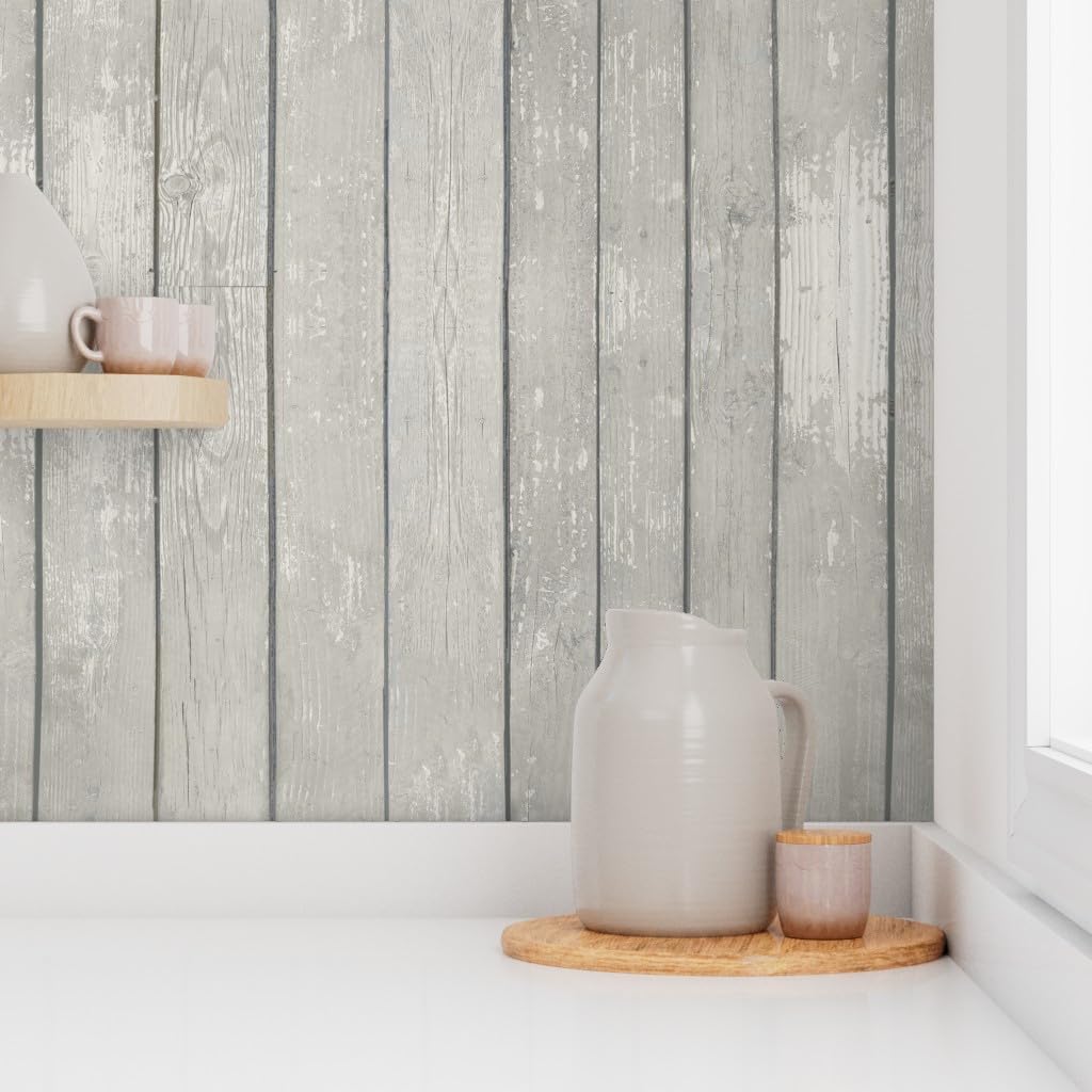 Removable Wallpaper 6ft x 2ft - Weathered Wood Woodgrain Country Chic Panel Worn Custom Pre-Pasted Wallpaper by Spoonflower