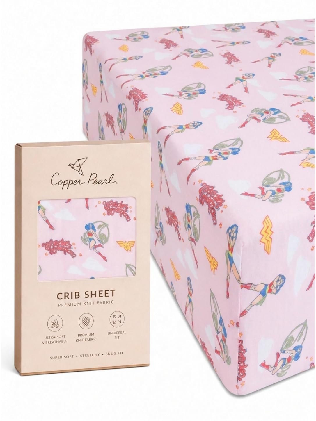 Copper Pearl Premium Strick-Bettlaken für Jungen und Mädchen, atmungsaktiv und weich, Spannbettlaken für Standard-Baby-Matratzen, Kinderbettlaken für Baby-Wunschliste oder Duschgeschenk, Wonder Woman™
