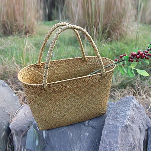 SZETOSY Seagrass Storage Basket, GOODCHANCEUK Woven Beach Tote Bag Handmade Laundry Basket Toys Storage Basket 13.39"x5.51"x8.27"