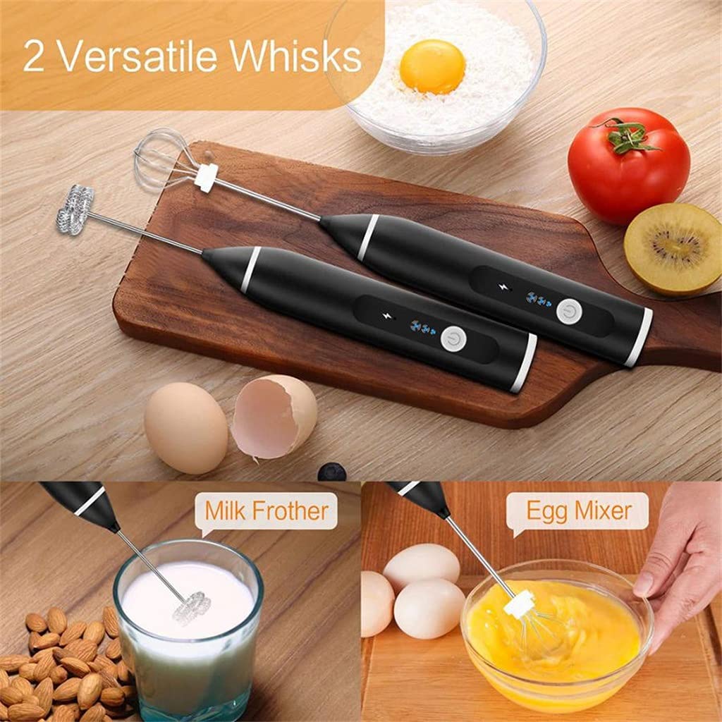 Frullino per Le Uova Elettrico Automatico Montalatte Frullatore Regolabile a 3 velocità con Ricarica USB (Nero 17,3x3cm)