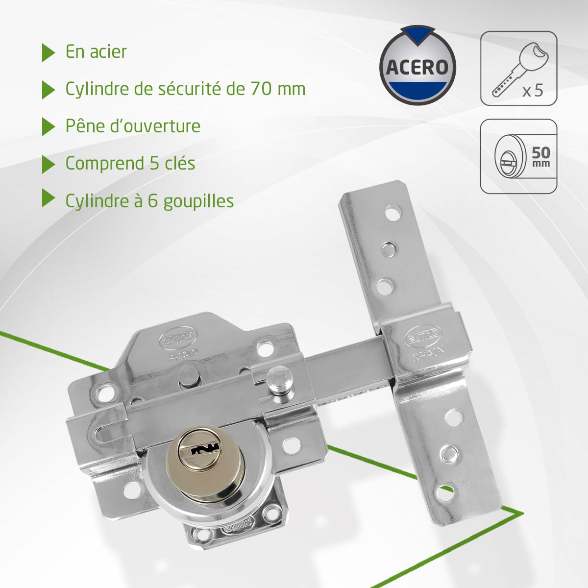 Amig - Serrure | Verrouillage de superposition | 90 x 154 mm | Chrome brillant | Cylindre de sécurité 50 mm à 6 broches | Loquet d'ouverture | Système antibumping et protection contre les pics