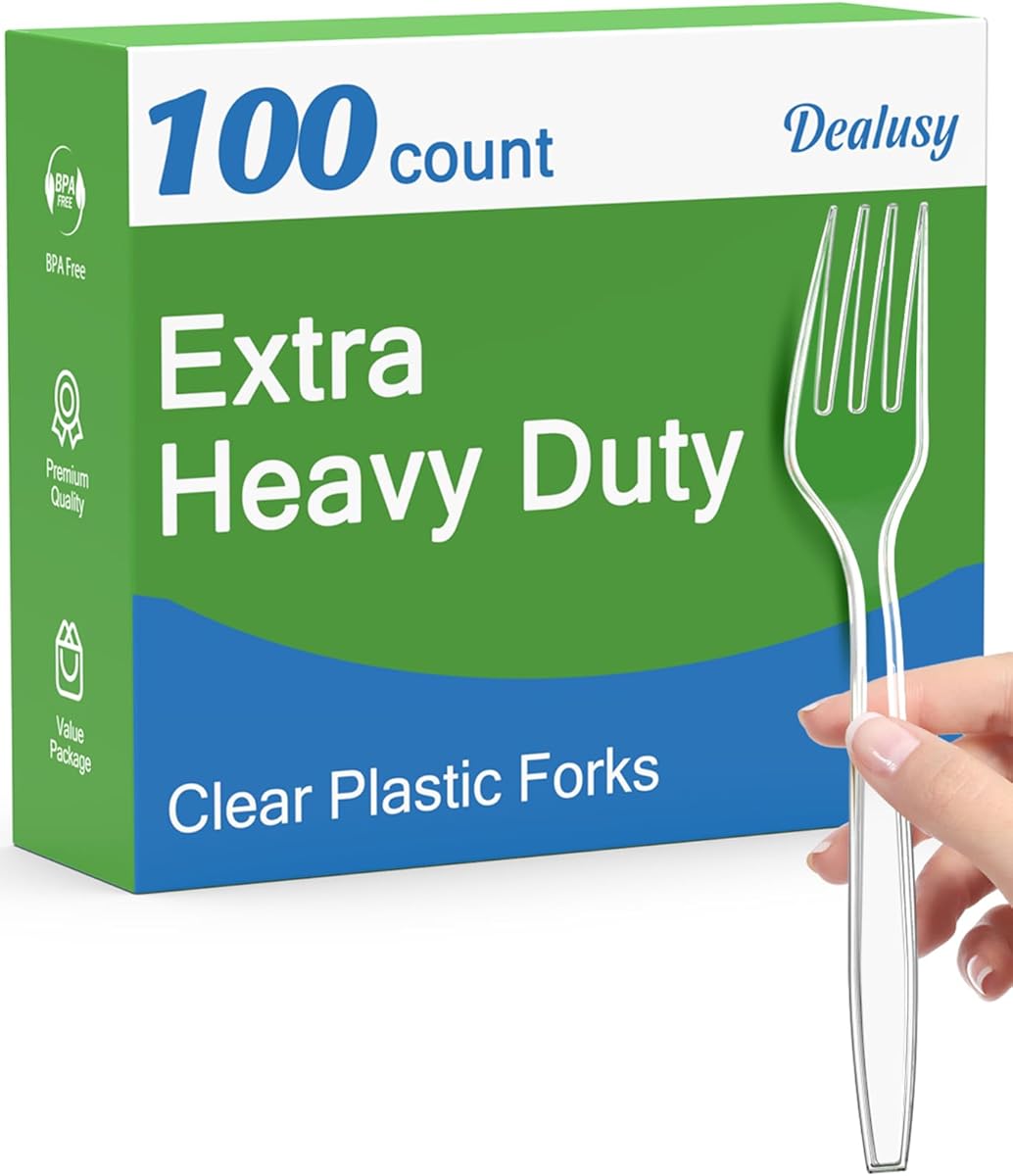 Dealusy 100 Count Extra Heavy Duty Clear Plastic Forks Disposable, BPA-Free, Heat Resistant, Solid and Durable Disposable Forks Bulk, Premium Plastic Forks heavy duty for Party Supply