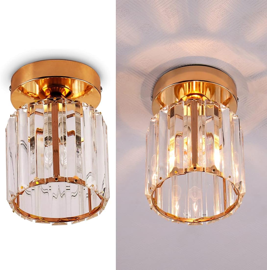 FRIXCHUR Crystal Ceiling Light Mini Crystal Chandelier Modern Ceiling Lamp Close to Ceiling Lighting Fixture for Hallway Kitchen Island Dining Room Corridor E26 Base Gold