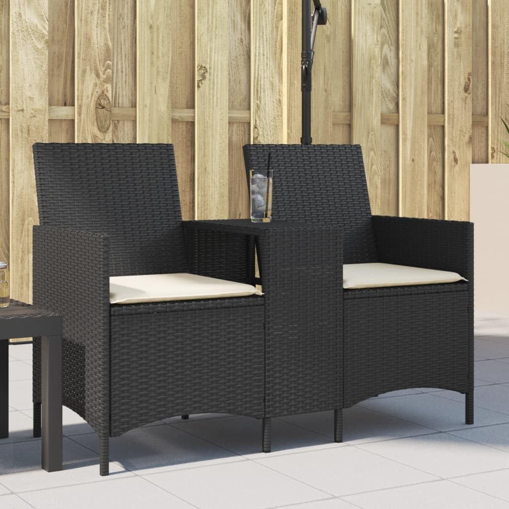 Gartensofa 2-Sitzer mit integriertem Tisch Poly Rattan Gartenbank mit Kissen Lounge-Doppelsofa für Balkon Terrasse und Garten Schwarz 126x59x82 cm
