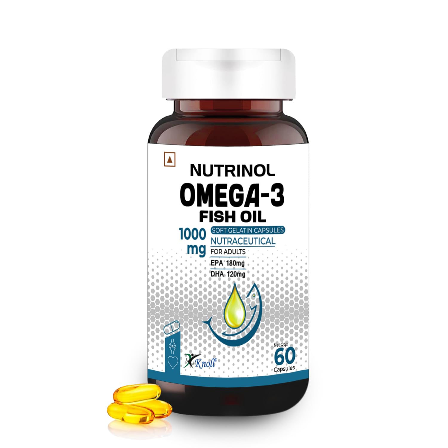 Nutrinol Omega 3 Fish Oil 1000mg for Men and Women Antioxidant & Energy, Stamina & Immunity & Maintains Bone & Joint Health, Fatty Acid, EPA 180mg DHA 120mg (60 Cap) (Bottle) Pack of 1 [BRAND-KNOLL]