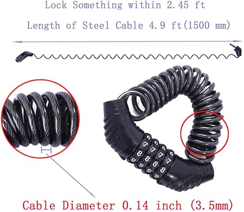 Miniatura 2 de UiiziC Candado de cable de bicicleta, candado de viaje de 4.9 pies, portátil, mini candado de bicicleta, antirrobo, seguridad de 4 dígitos,