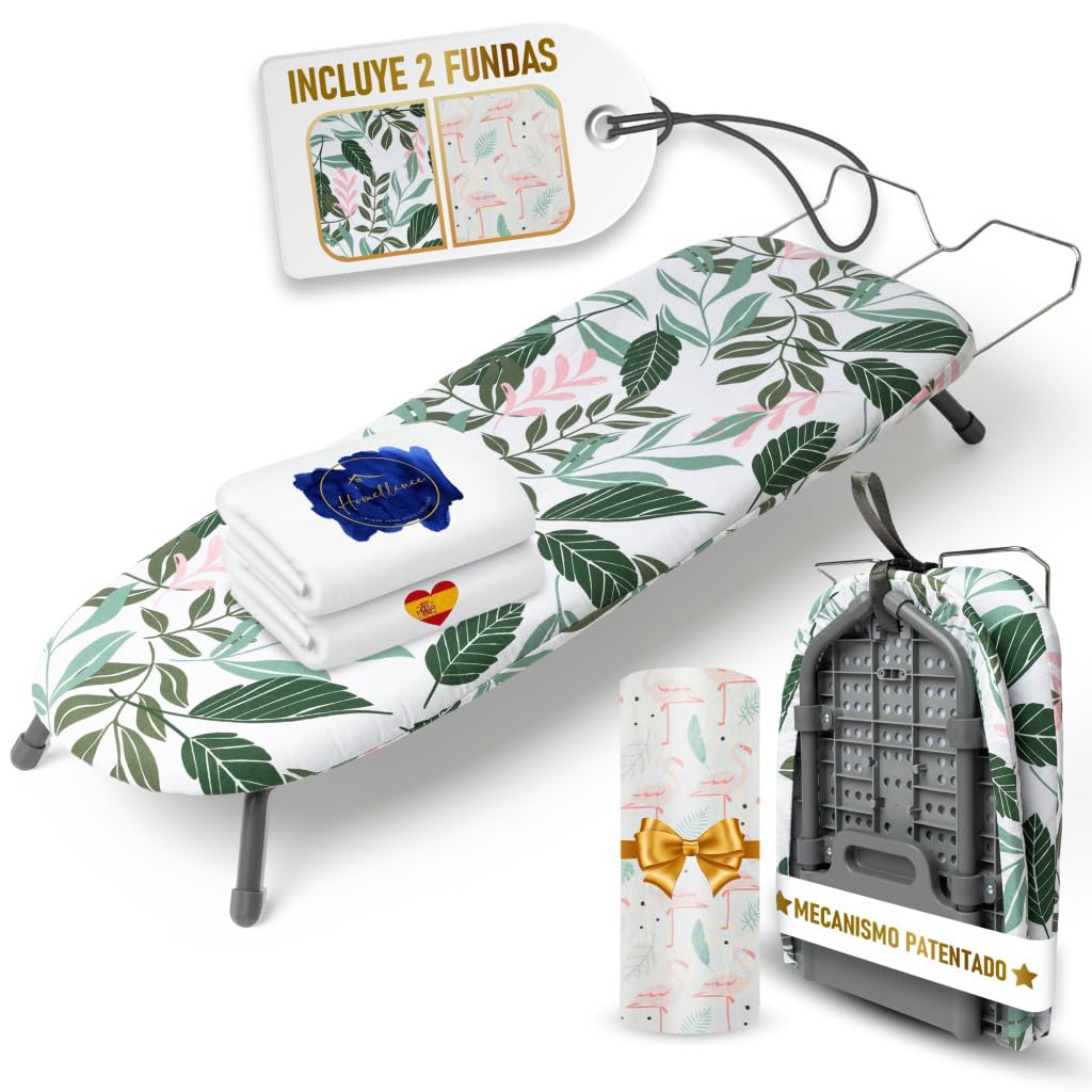 Homellence Tabla de Planchar Plegable Pequeña de Mesa - Tabla de Planchar Sobremesa con 2 Fundas Premium con Mecanismo Patentado para Mayor Estabilidad - Ahorra Espacio en Casa y Viajes (Verde)
